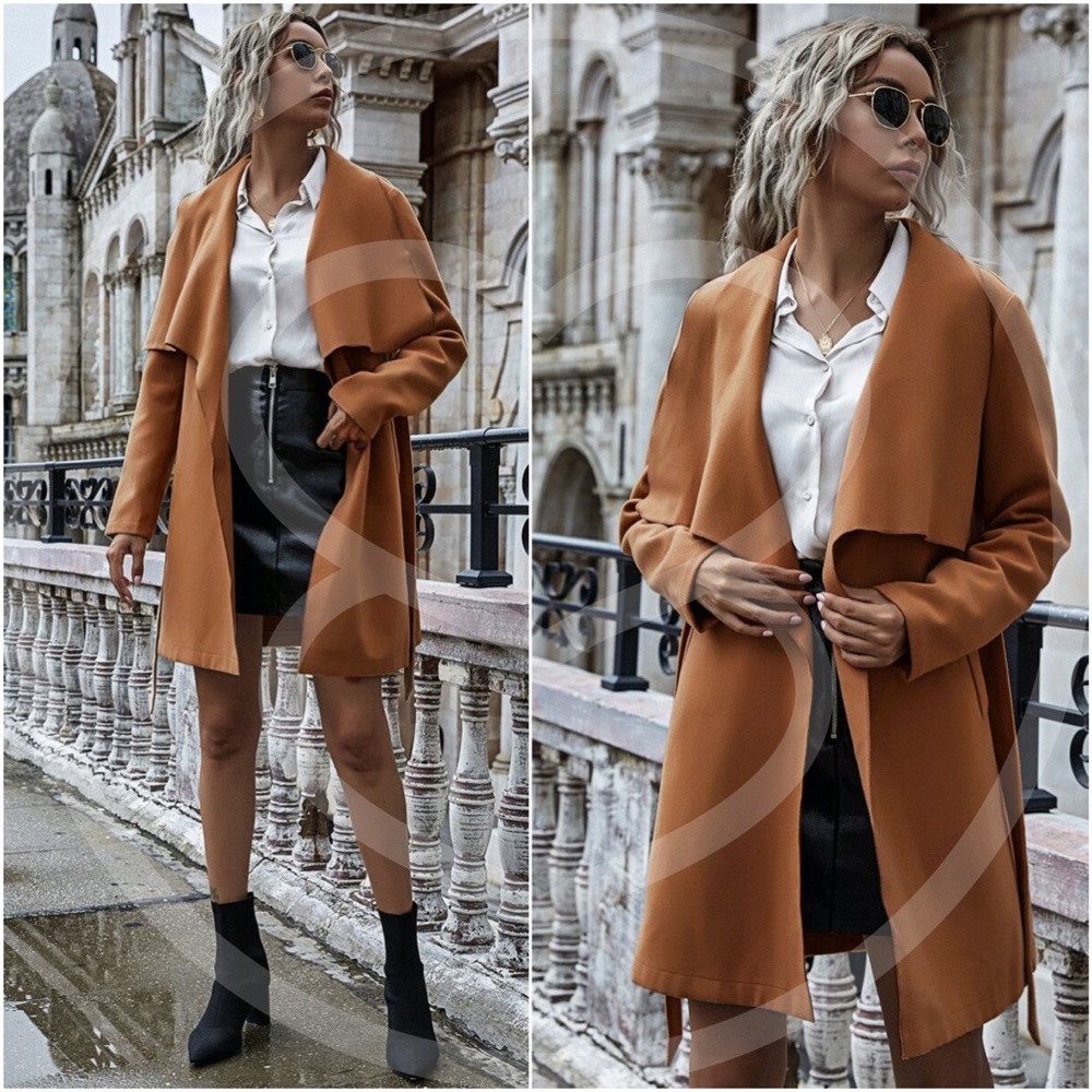Boho camel wide collar jacket coat belted peacoat - Picture 6 of 8